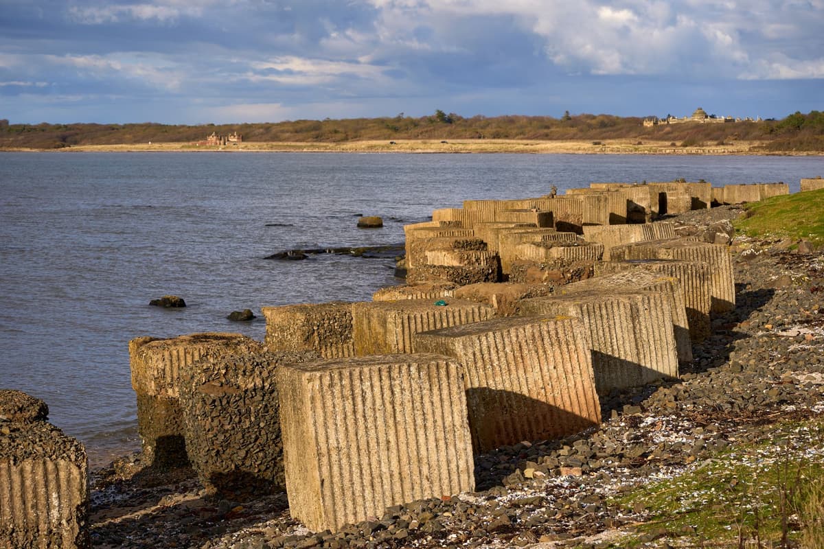 barnacle covered concrete block in shallow water