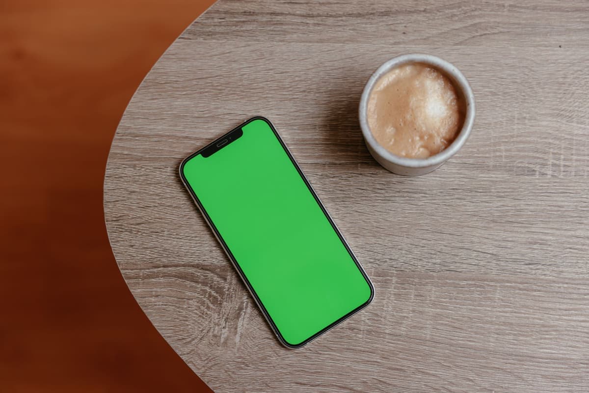 a smartphone displaying a pink calendar app sitting on a wooden desk next to a cup of black coffee
