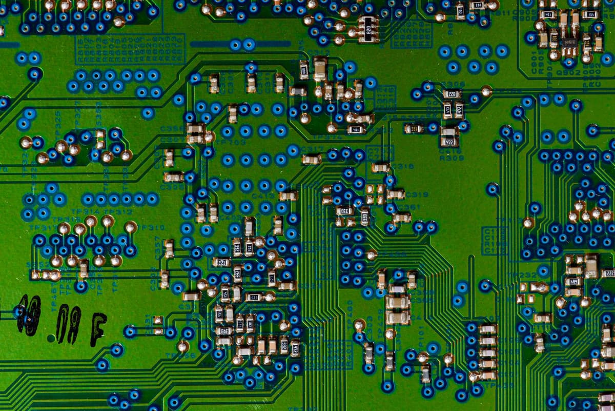 printed circuit board showing microchips and circuitry