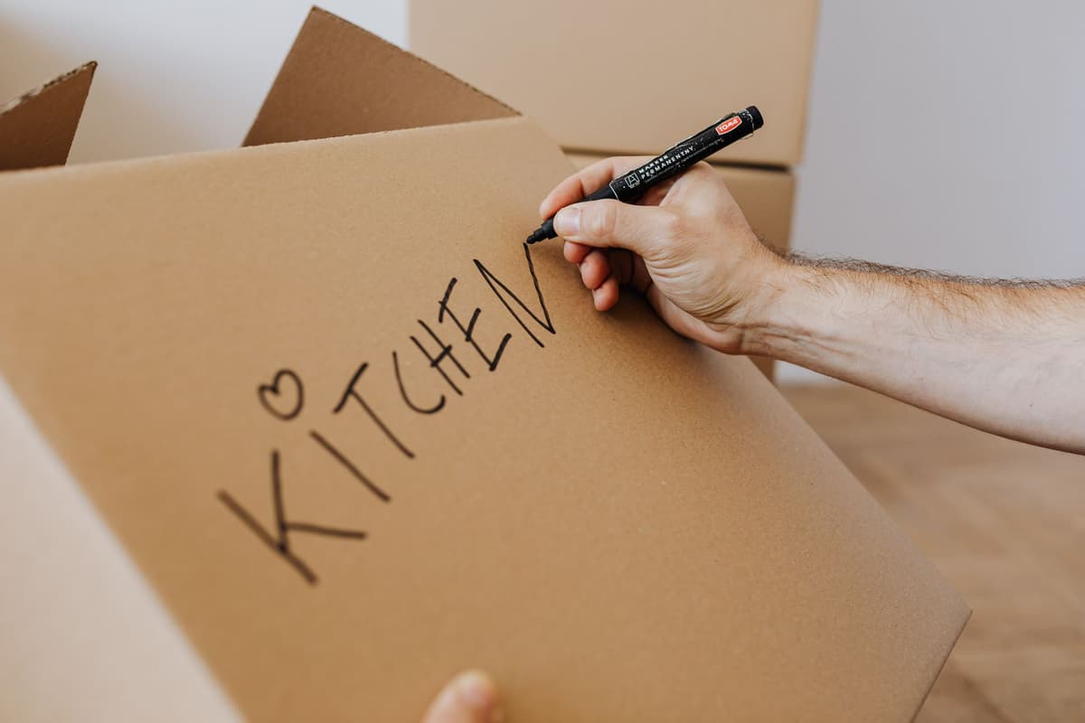 a man hugging a flat-packed cardboard box labeled BJÖRN