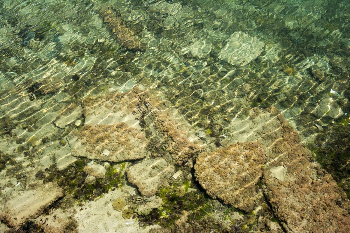 a concrete foundation visible through clear, shallow water