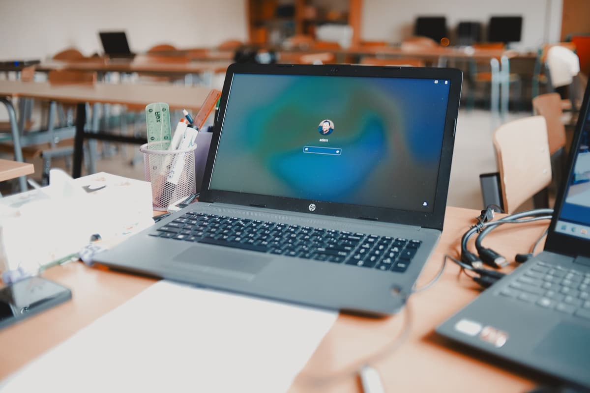 a dusty computer monitor in a high school classroom