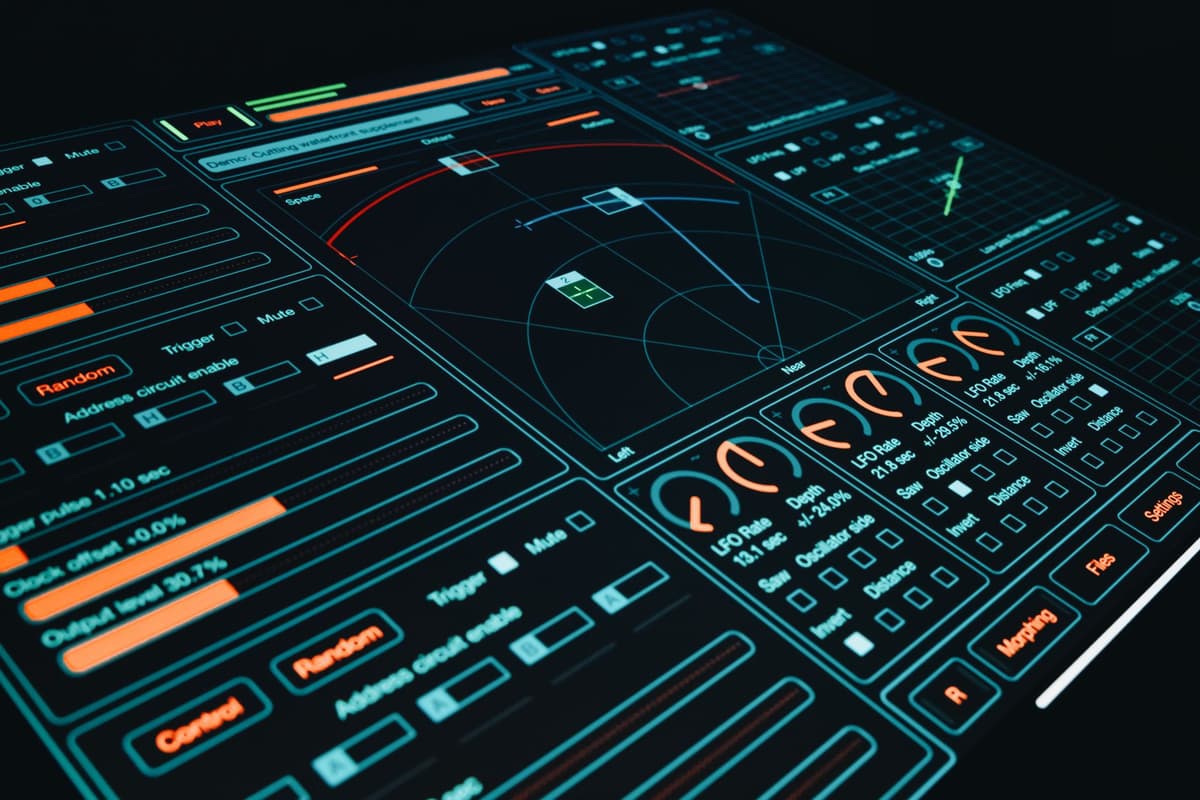 a single glowing circuit board on a dark glass table
