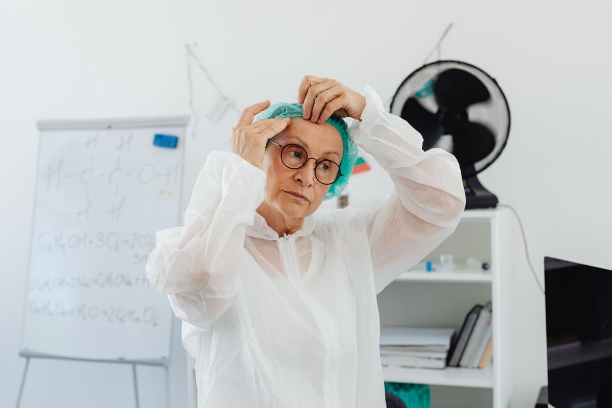 a scientist looking confused at a giant pile of tangled colorful wires