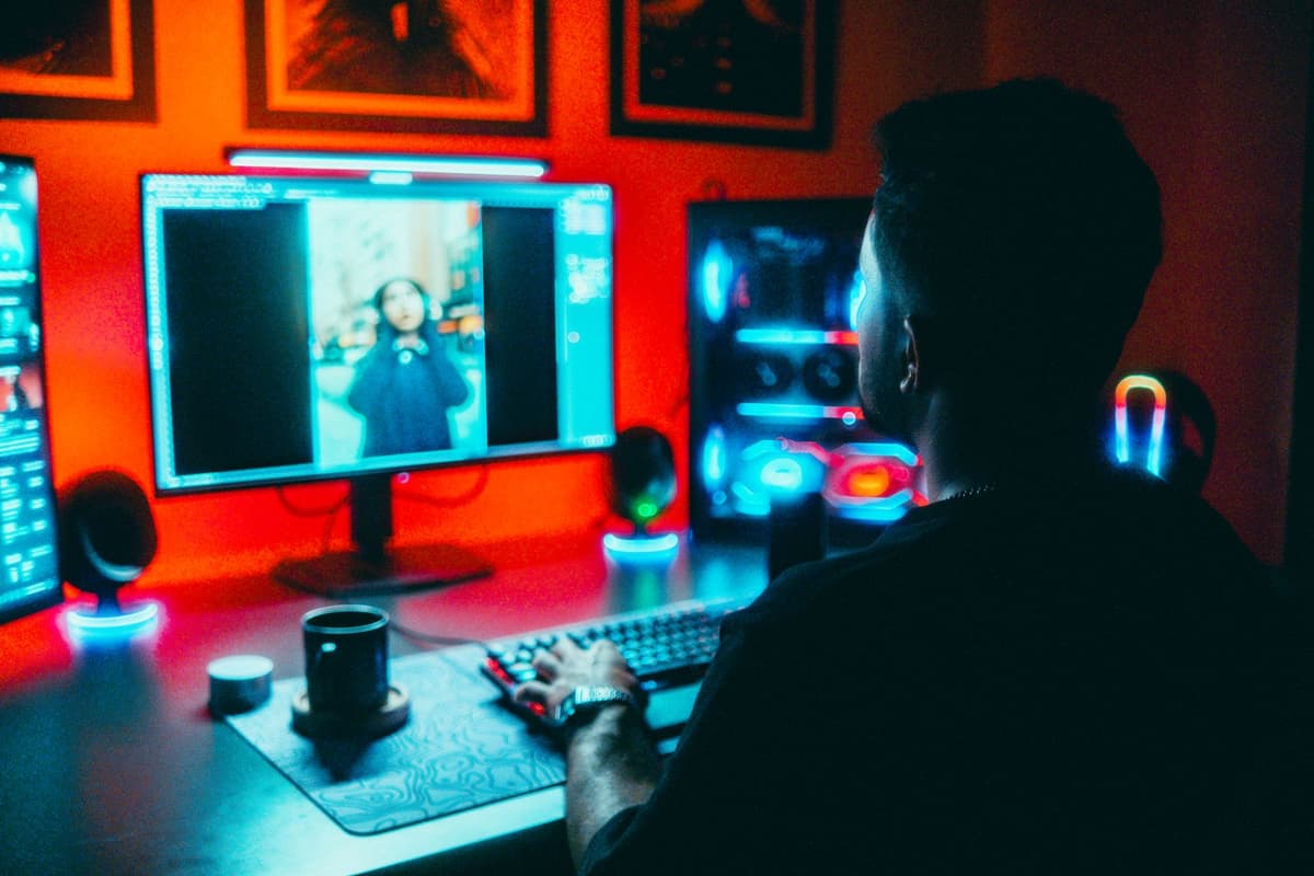 a single glowing computer monitor in a dark room displaying a street view alleyway