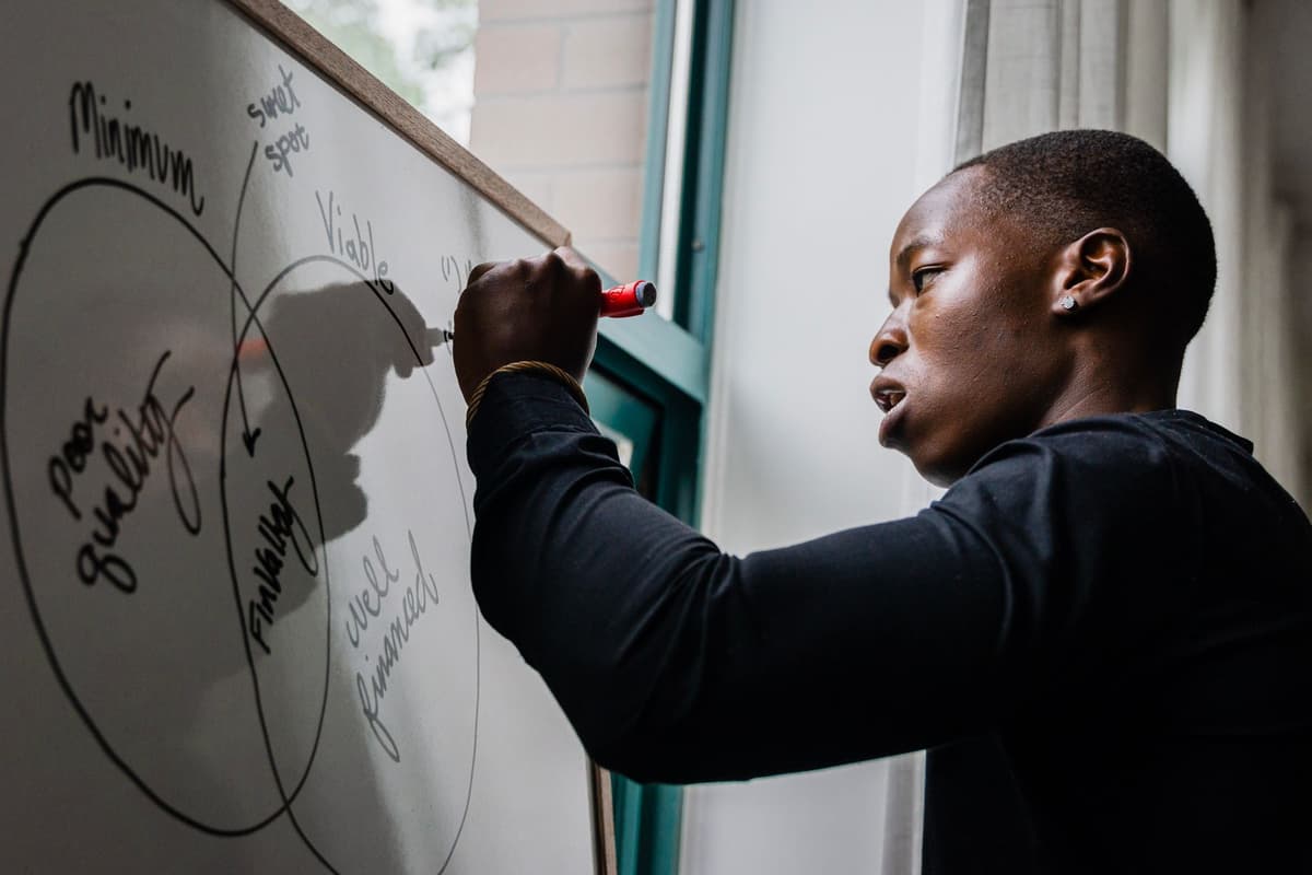 a person sketching a blurry map on a whiteboard