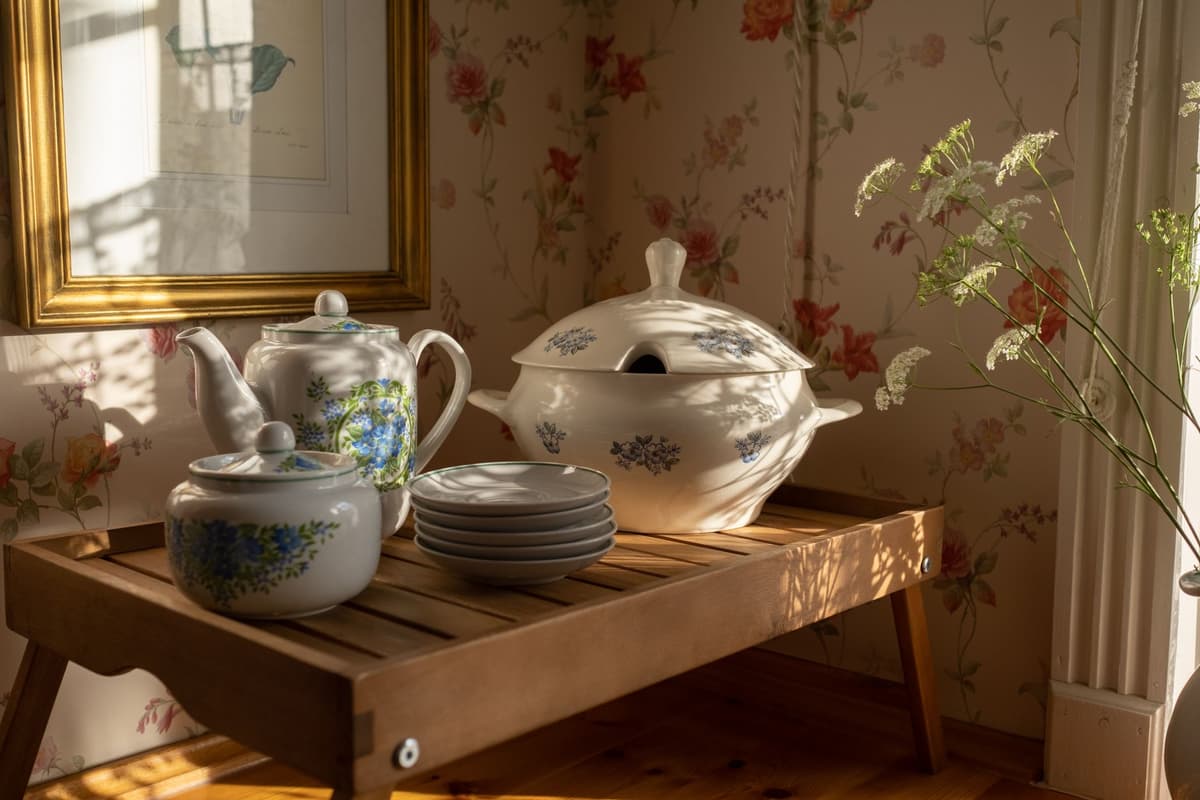 a vintage 1920s porcelain teapot on a modern granite countertop